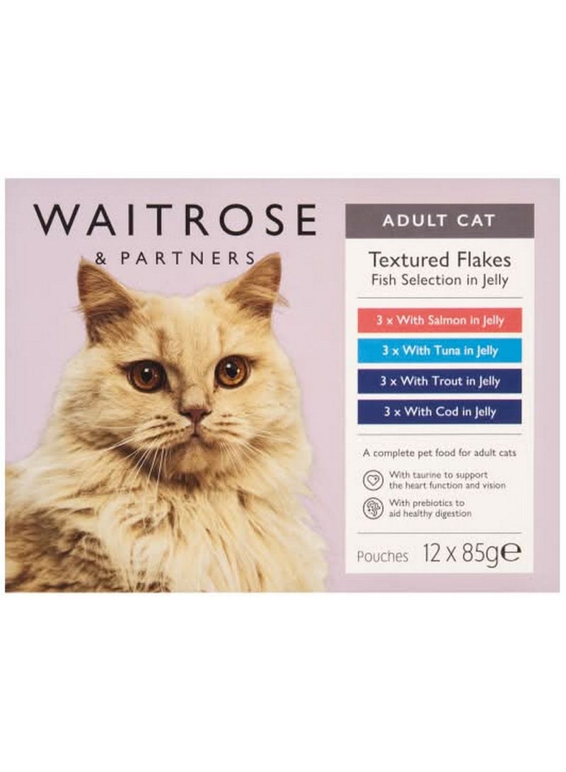 Adult Cat Textured Flakes Fish Selection In Jelly 3 X Salmon Tuna Trout & Cod 12X85G